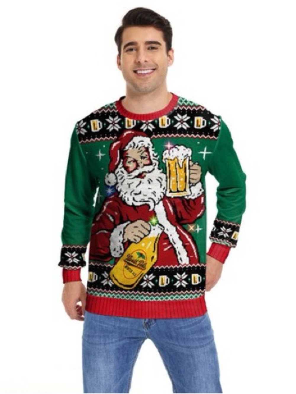 Ugly Christmas Sweater Light Up Santa Beer Graphic Knit Sweater Green M